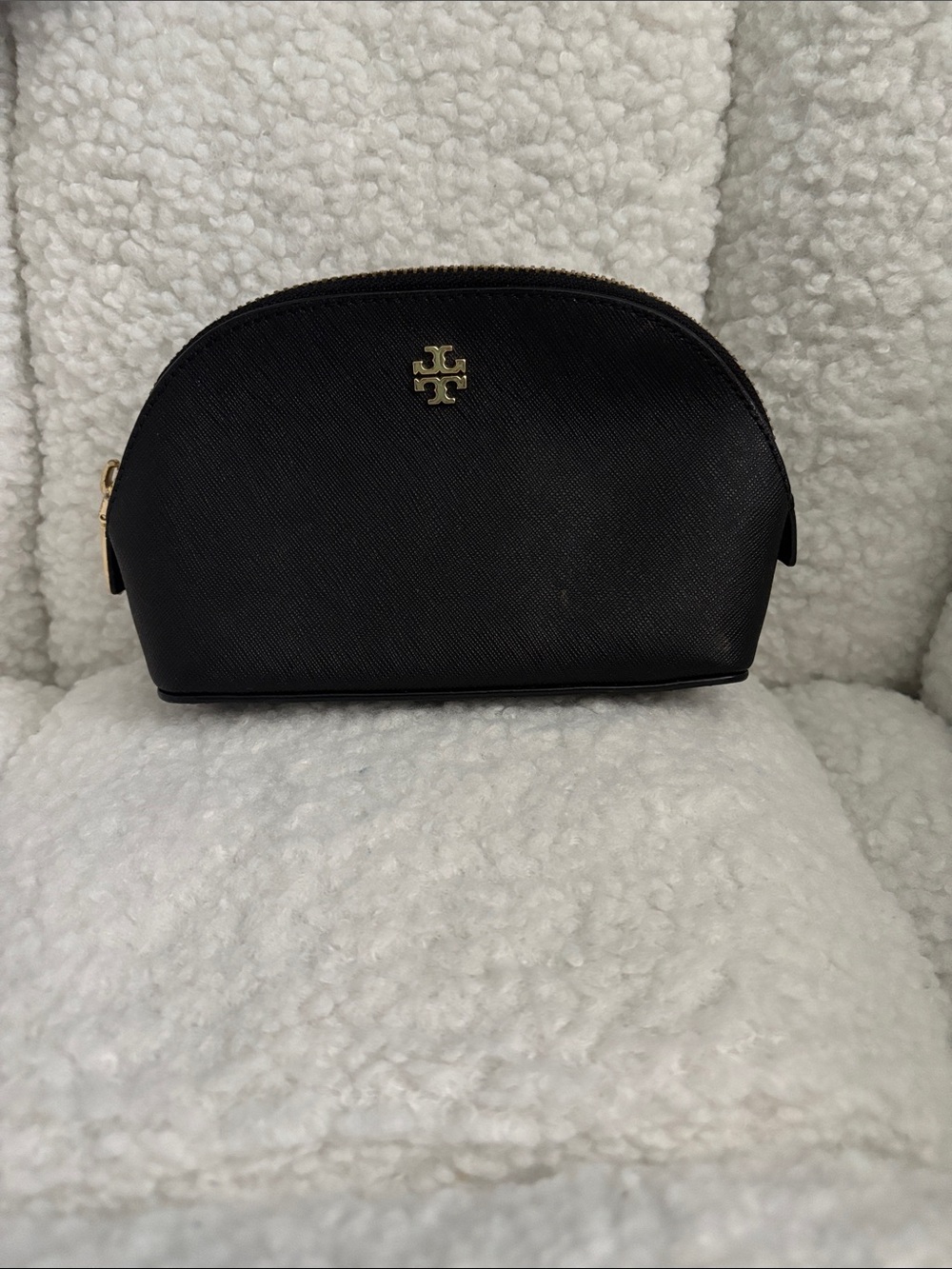 Tory Burch Black Leather Logo Makeup Pouch with Gold Accent